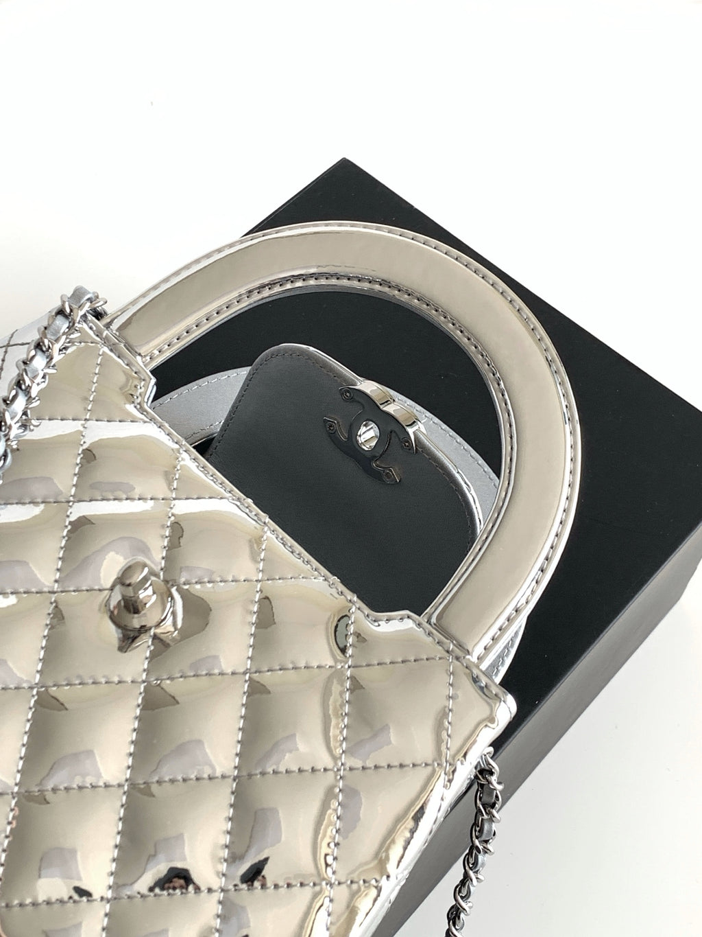 Chanel 26C Kelly Bag — Silver Quilted Patent Leather with Silver Hardware