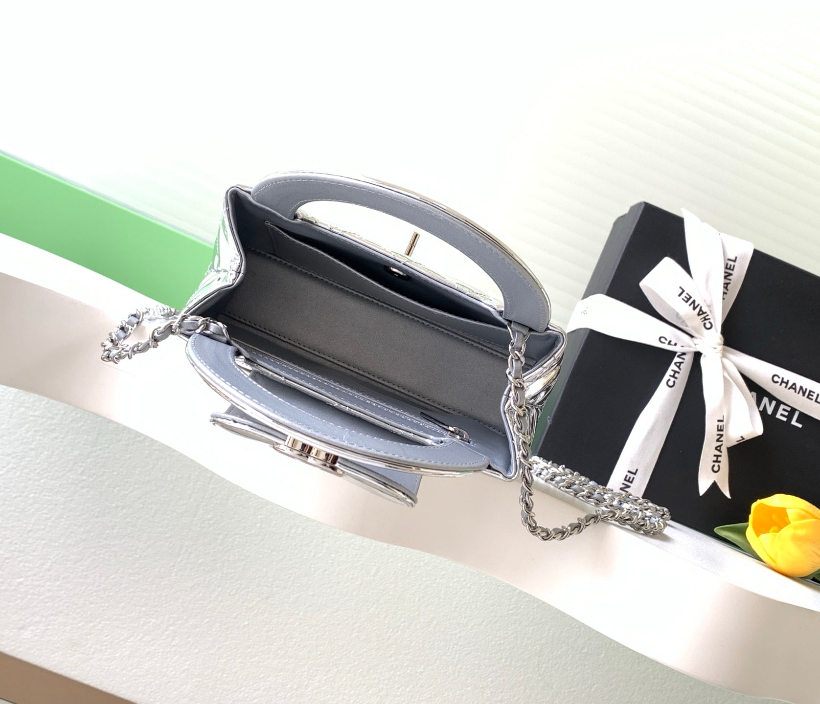 Chanel 26C Kelly Bag — Silver Quilted Patent Leather with Silver Hardware