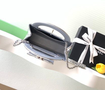 Chanel 26C Kelly Bag — Silver Quilted Patent Leather with Silver Hardware