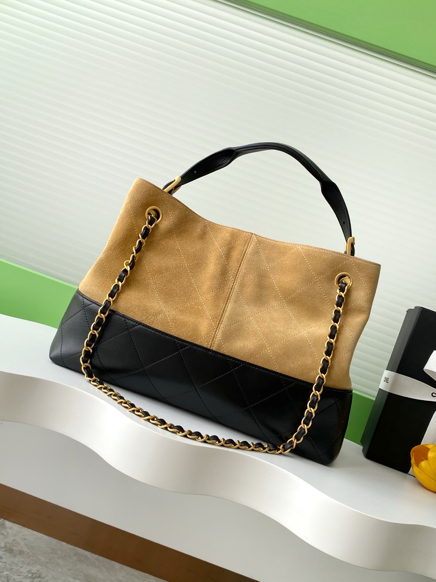 Chanel 25A Métiers d'Art Tote — Camel Suede & Black Caviar Leather with Gold Hardware