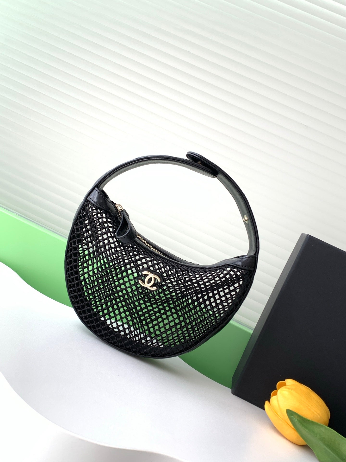 Chanel 25S Hula Hoop Mesh Bag — Black Mesh & Patent Leather with Silver Hardware