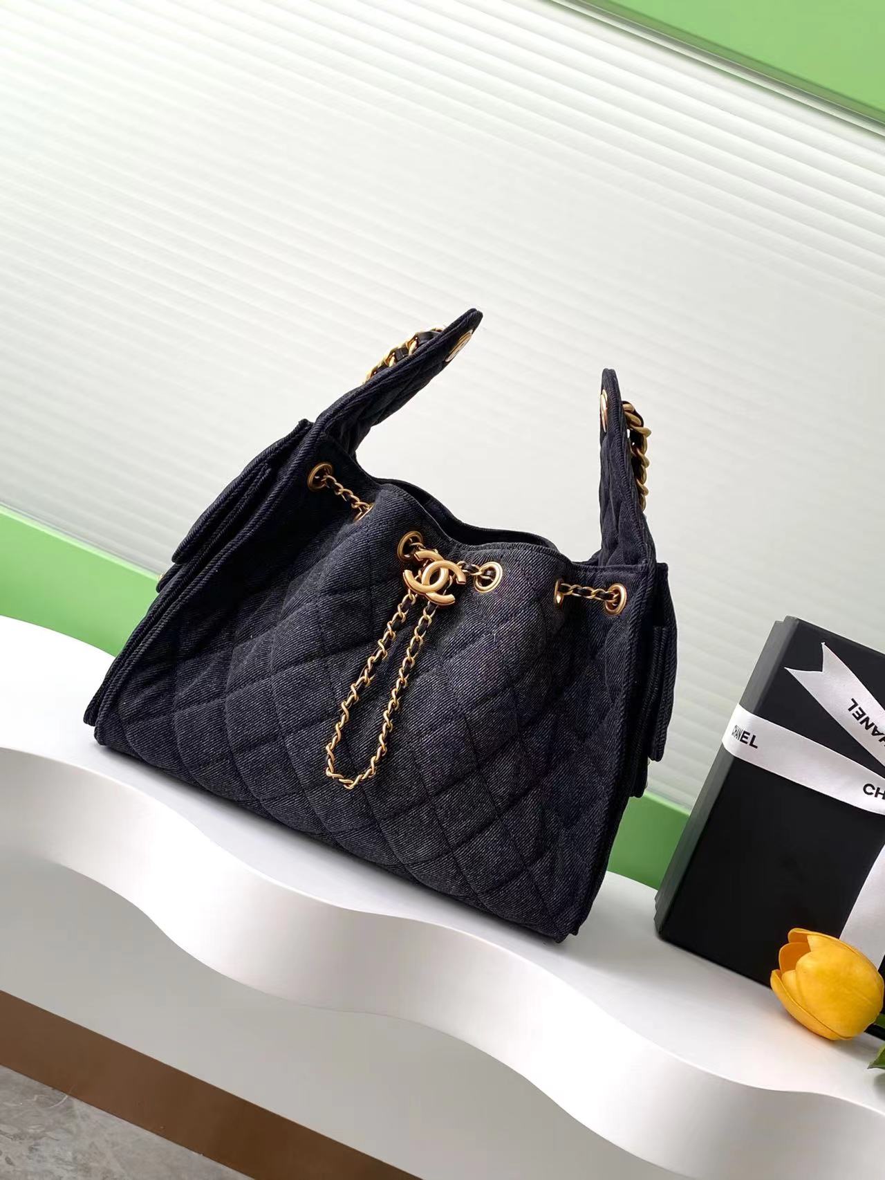 Chanel 25P Quilted Denim Drawstring Bucket Bag