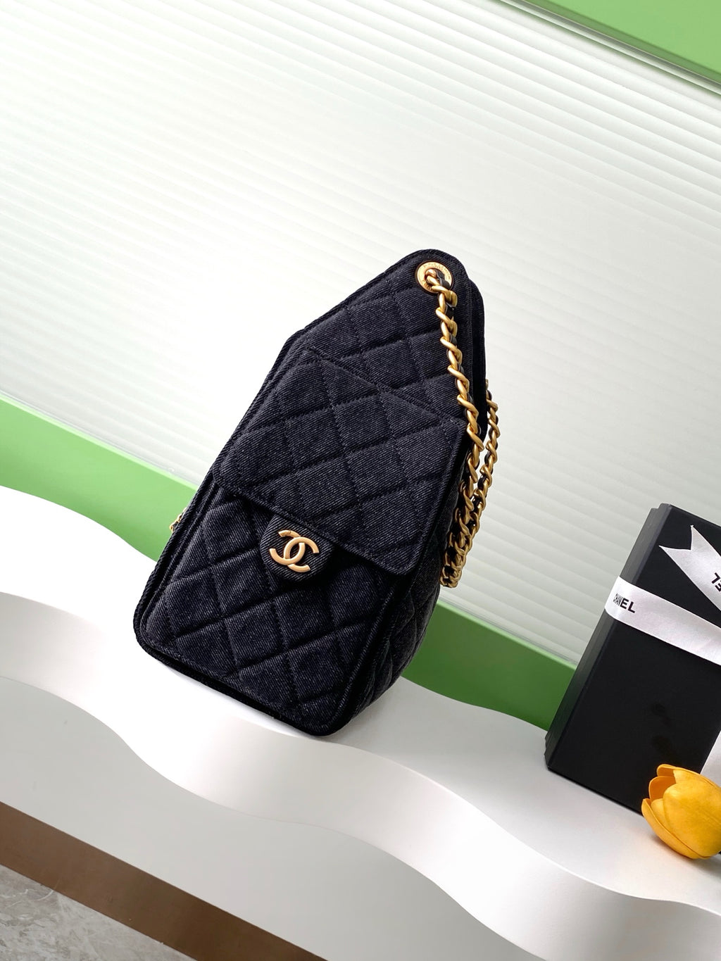 Chanel 25P Quilted Denim Drawstring Bucket Bag