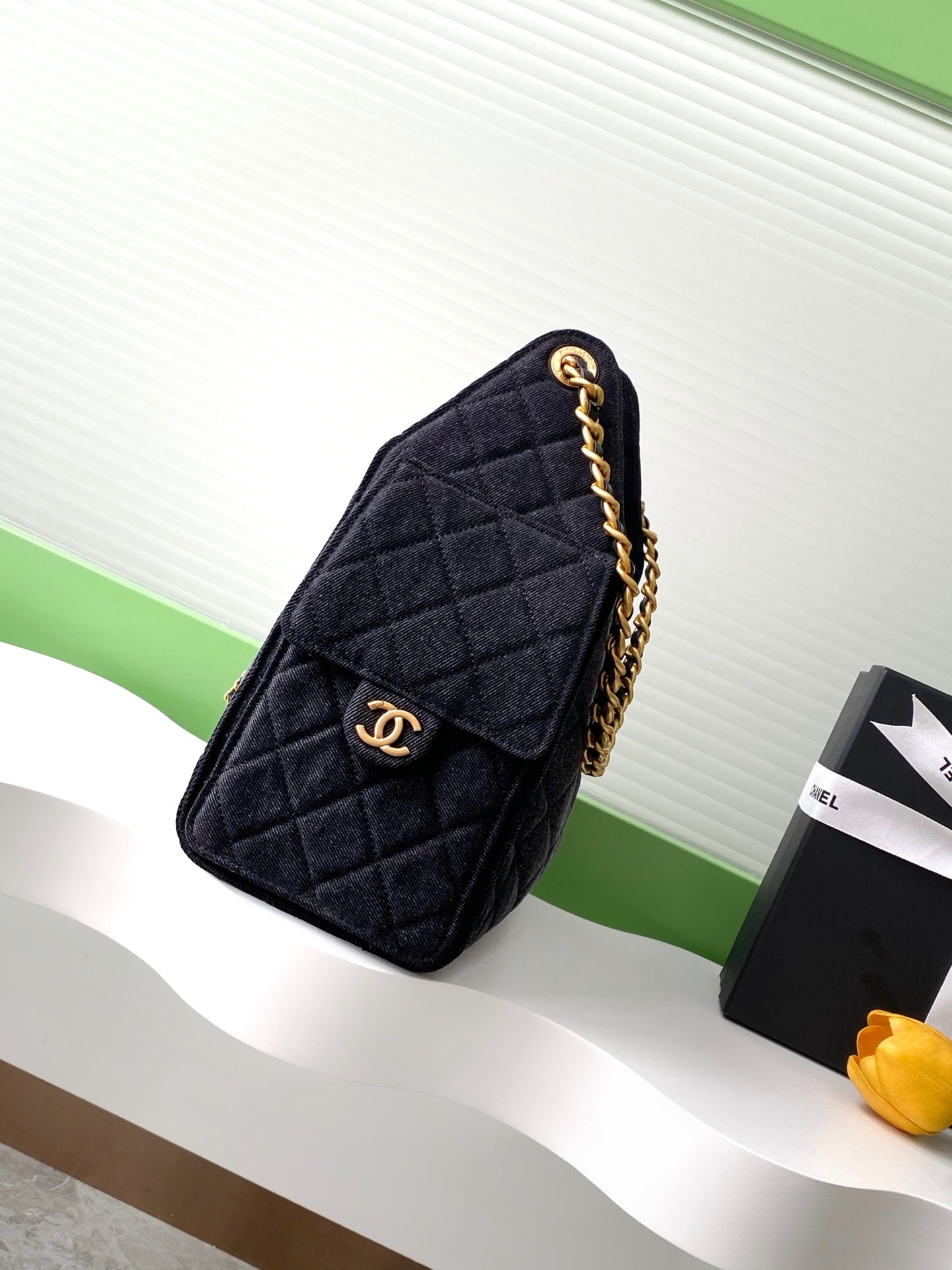 Chanel 25P Quilted Denim Drawstring Bucket Bag