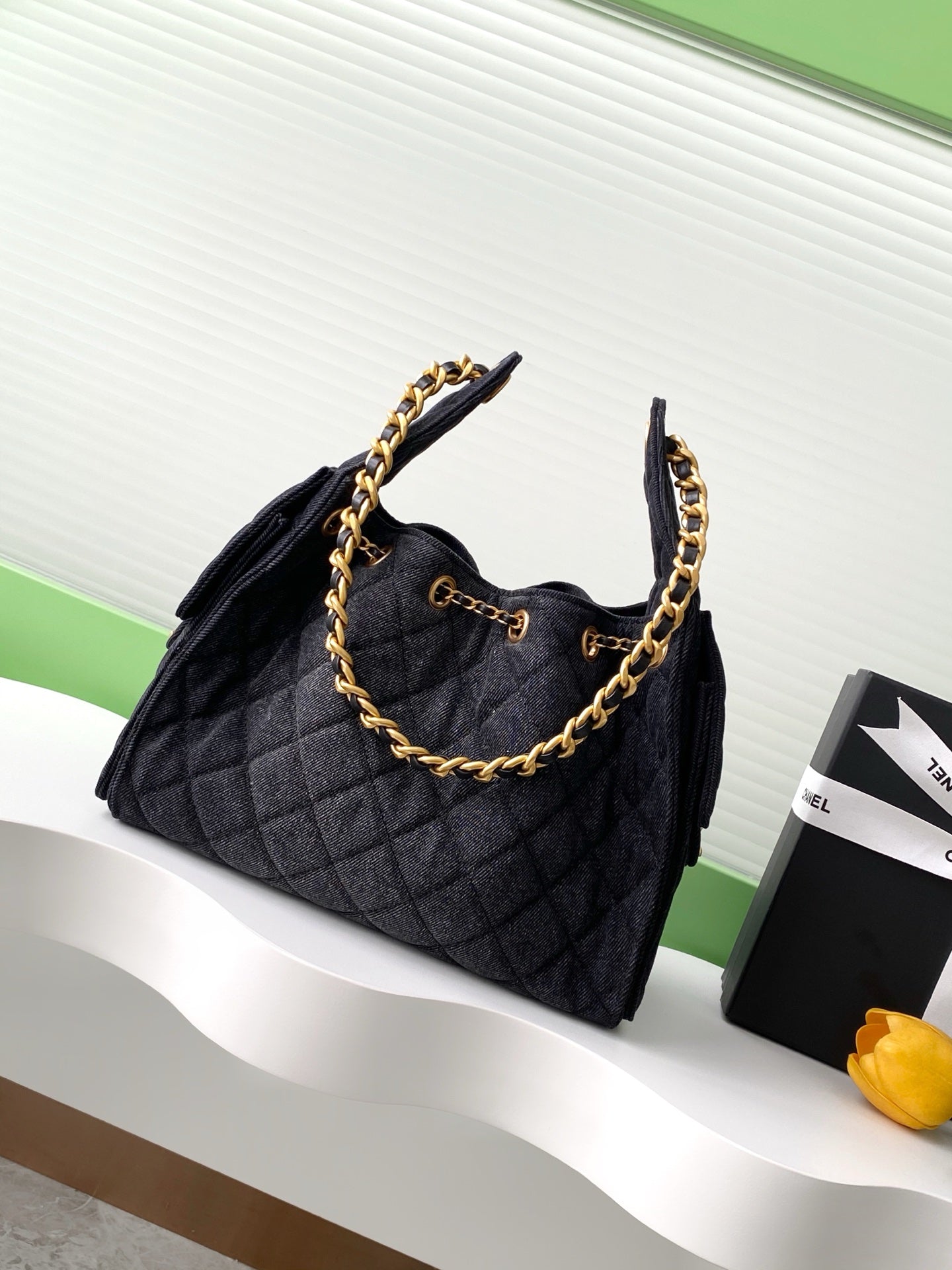 Chanel 25P Quilted Denim Drawstring Bucket Bag