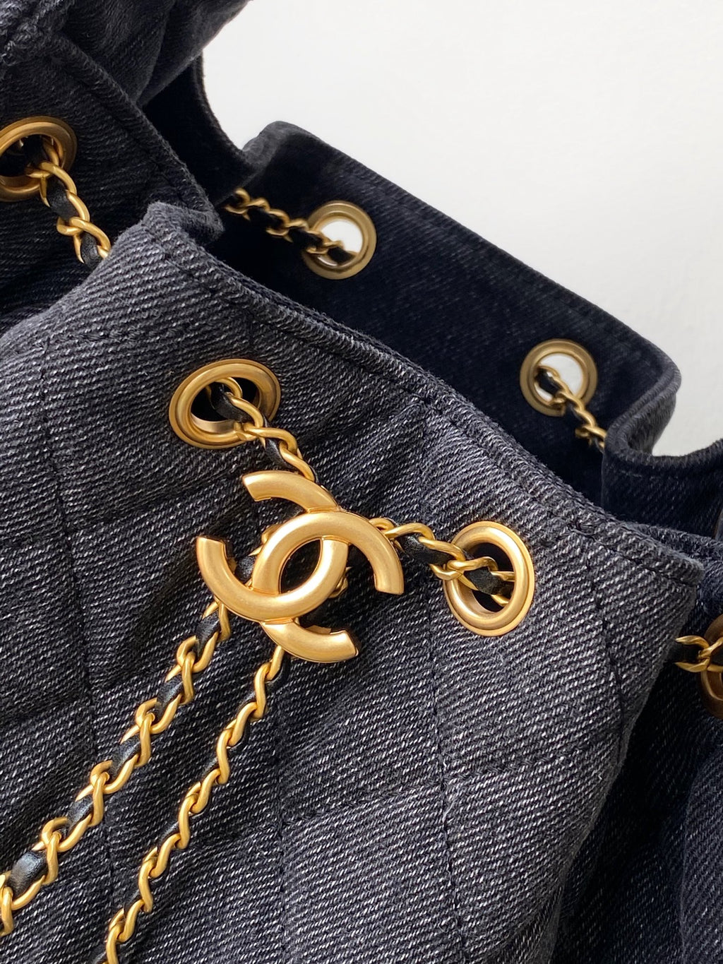 Chanel 25P Quilted Denim Drawstring Bucket Bag