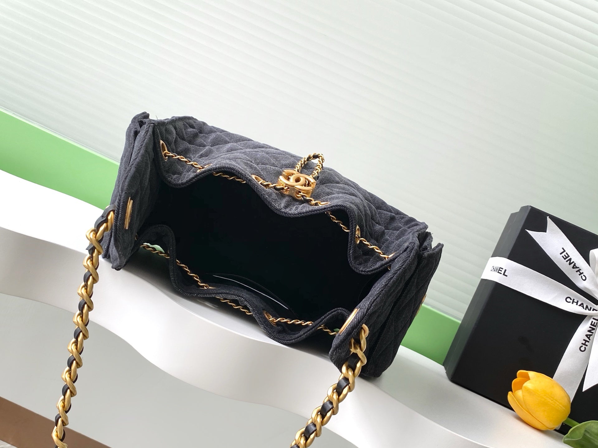 Chanel 25P Quilted Denim Drawstring Bucket Bag