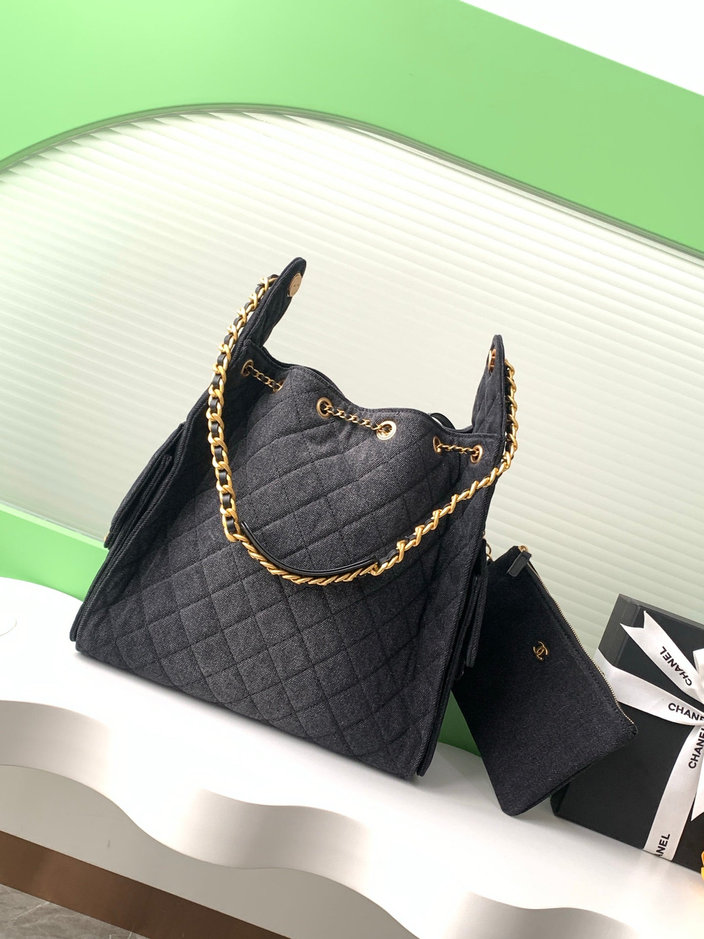 Chanel 25P Quilted Denim Drawstring Bucket Bag — Large