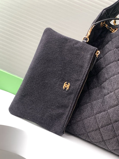 Chanel 25P Quilted Denim Drawstring Bucket Bag — Large