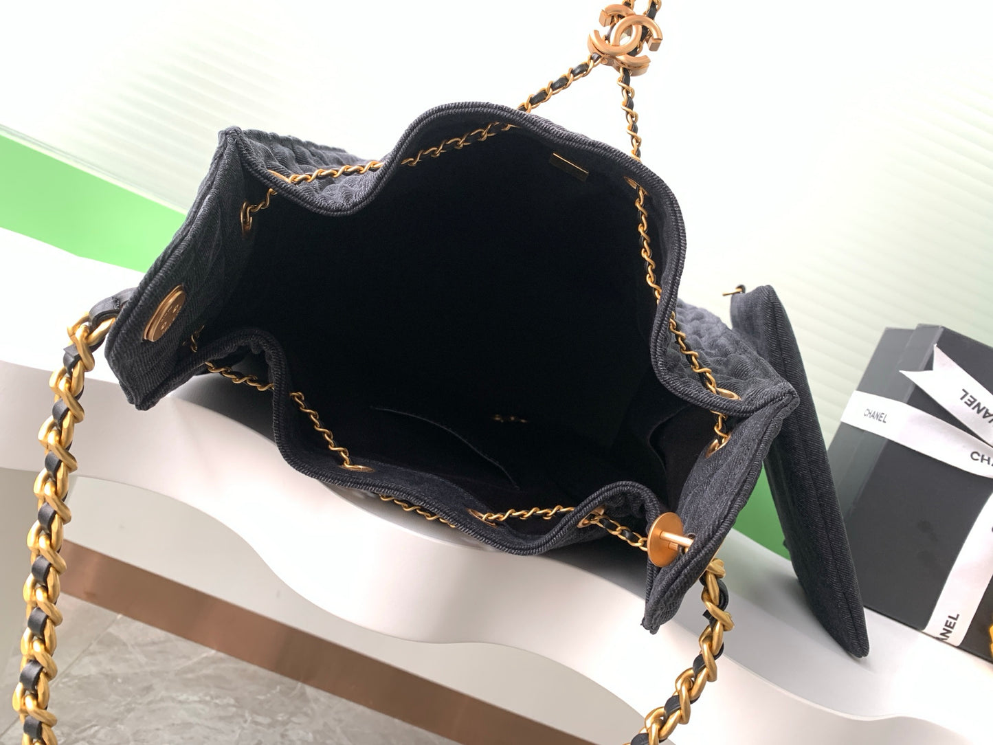 Chanel 25P Quilted Denim Drawstring Bucket Bag — Large