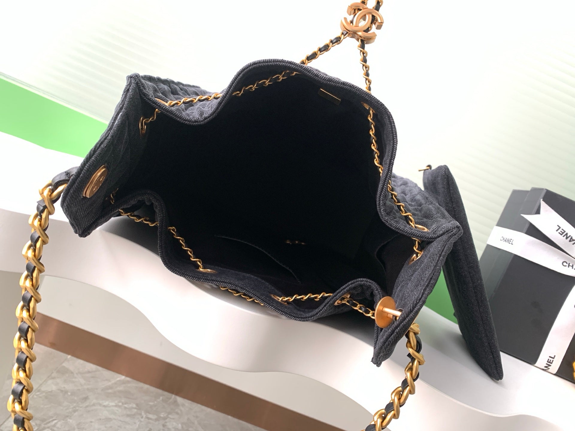 Chanel 25P Quilted Denim Drawstring Bucket Bag — Large
