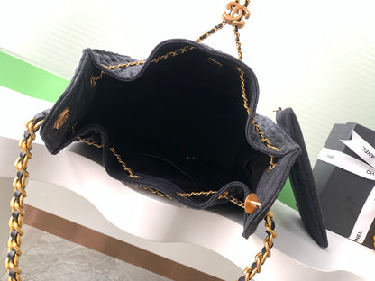 Chanel 25P Quilted Denim Drawstring Bucket Bag — Large