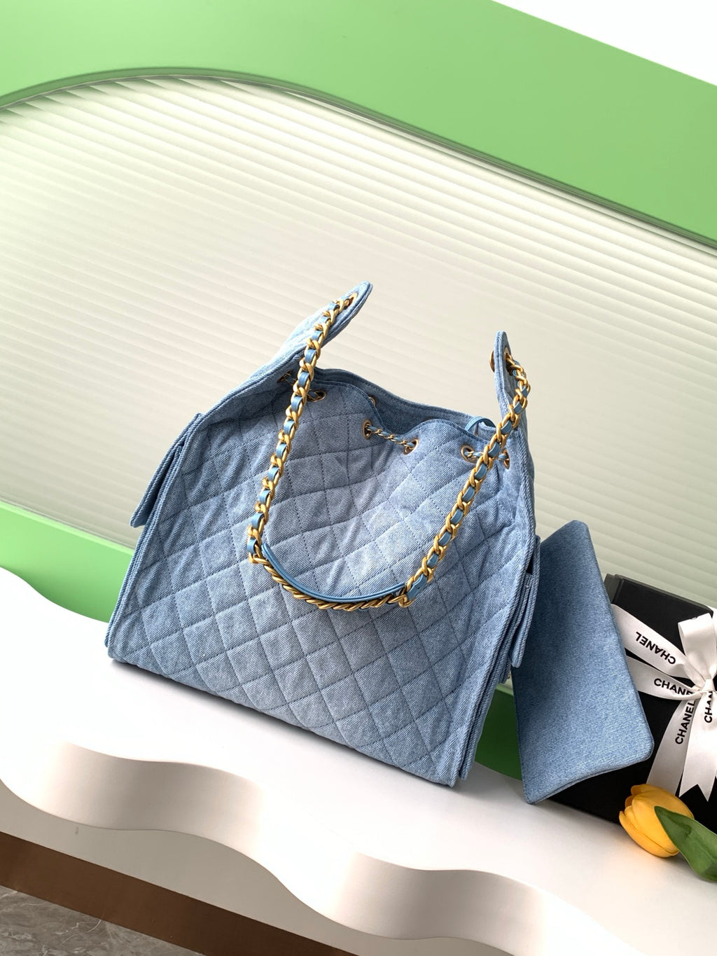 Chanel 25P Quilted Denim Drawstring Bucket Bag — Light Blue