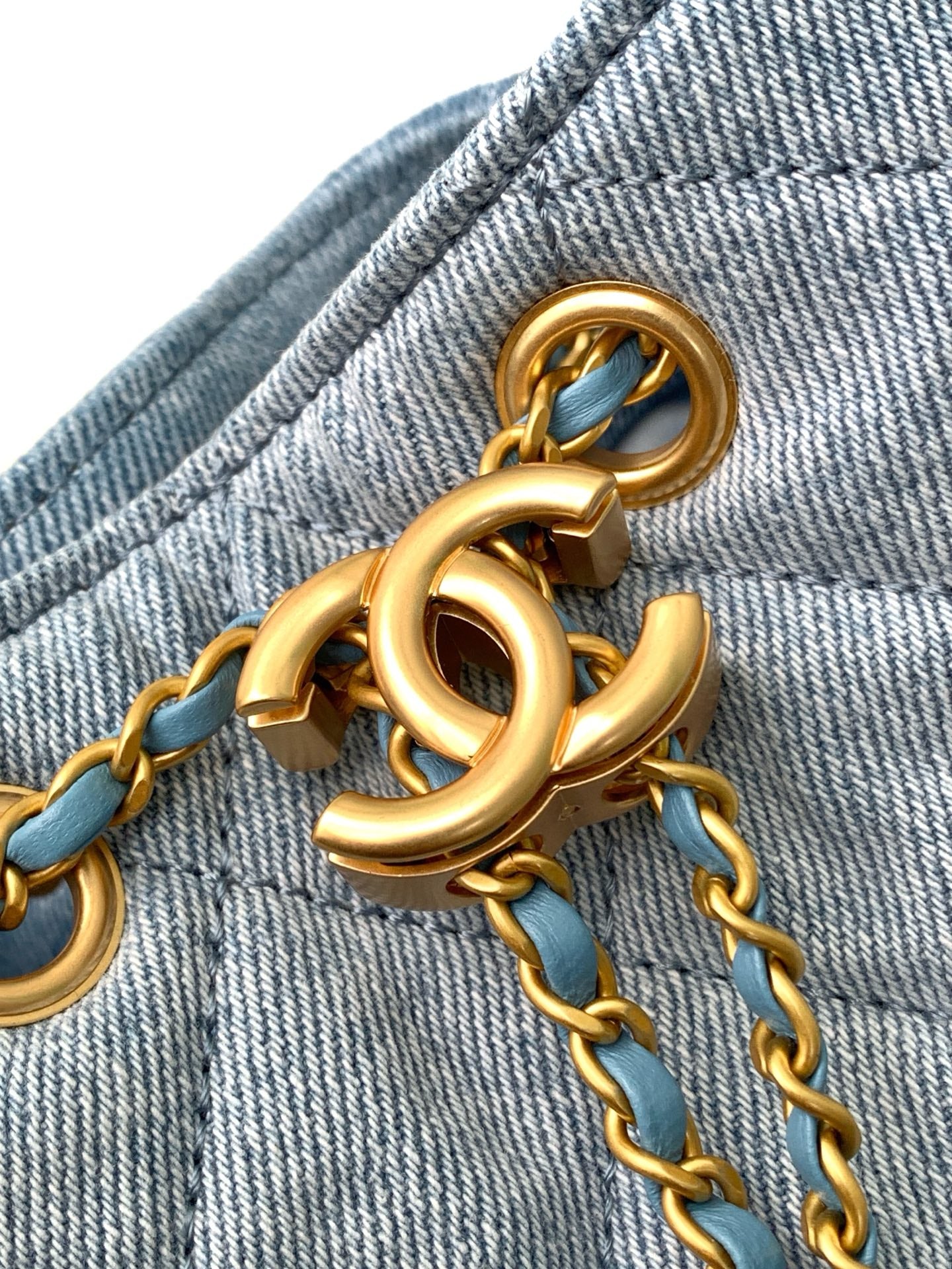 Chanel 25P Quilted Denim Drawstring Bucket Bag — Light Blue