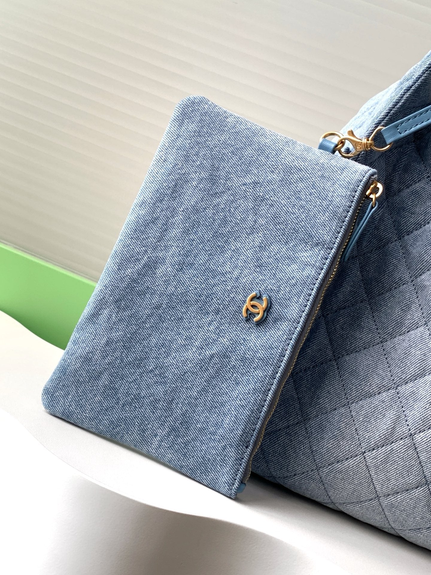 Chanel 25P Quilted Denim Drawstring Bucket Bag — Light Blue
