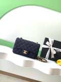 Chanel 26P Classic Flap Mini — Dark Navy Denim with Orange Stitching