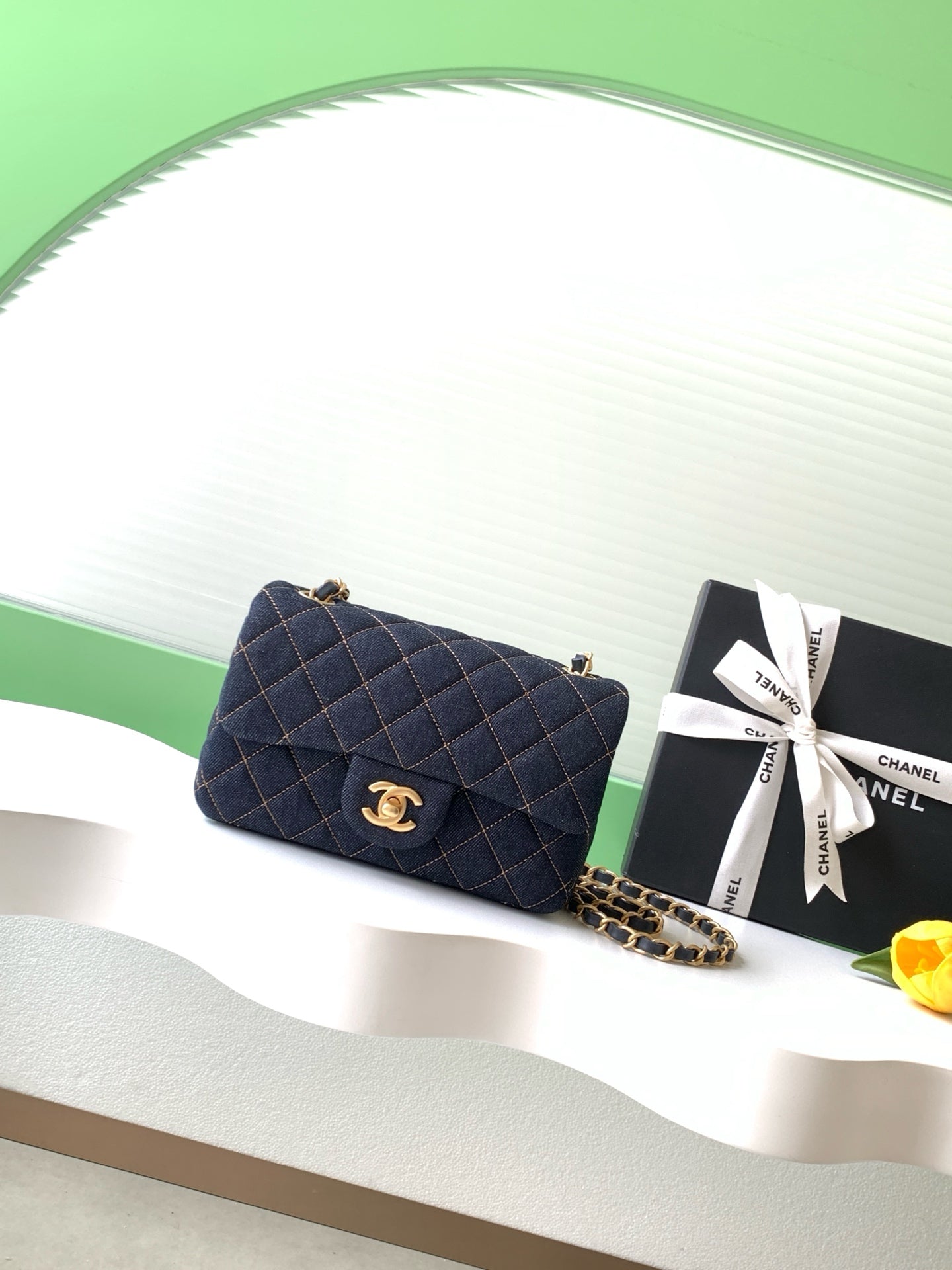 Chanel 26P Classic Flap Mini — Dark Navy Denim with Orange Stitching