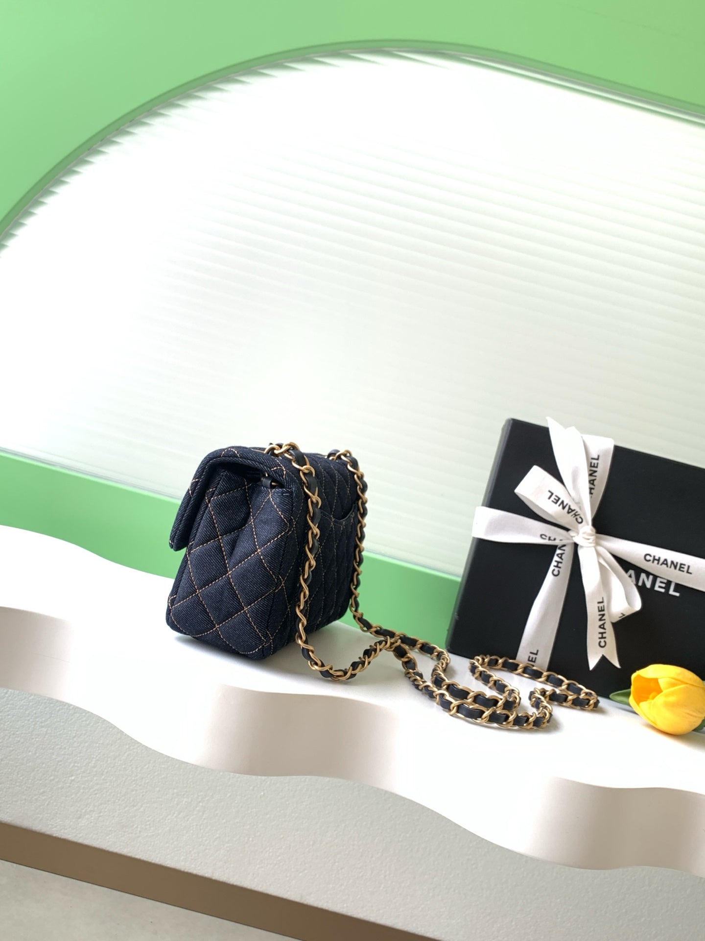 Chanel 26P Classic Flap Mini — Dark Navy Denim with Orange Stitching