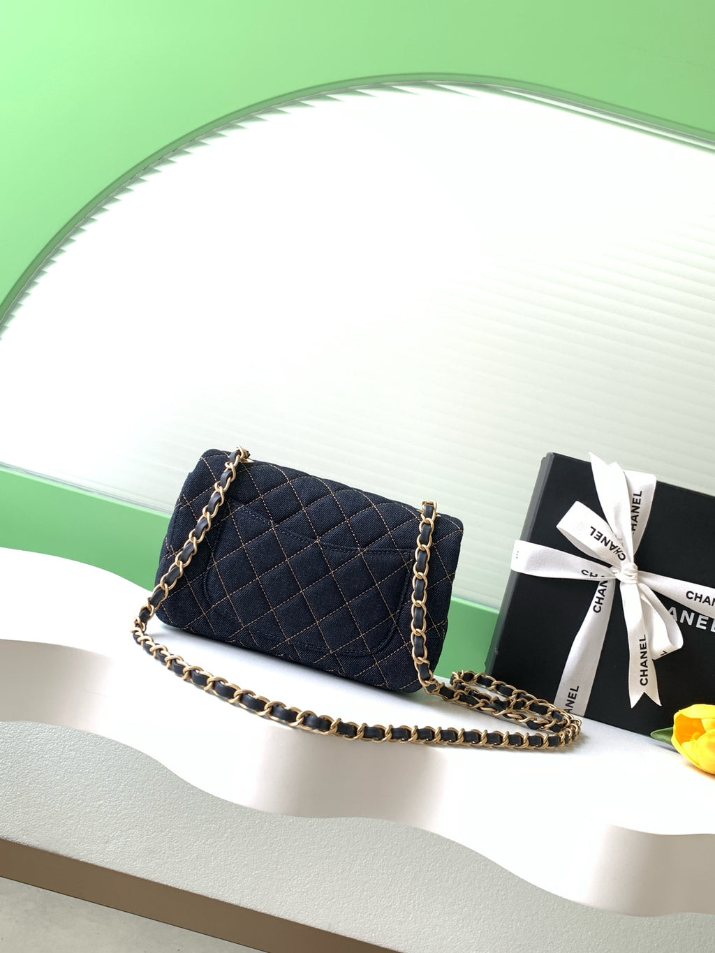 Chanel 26P Classic Flap Mini — Dark Navy Denim with Orange Stitching