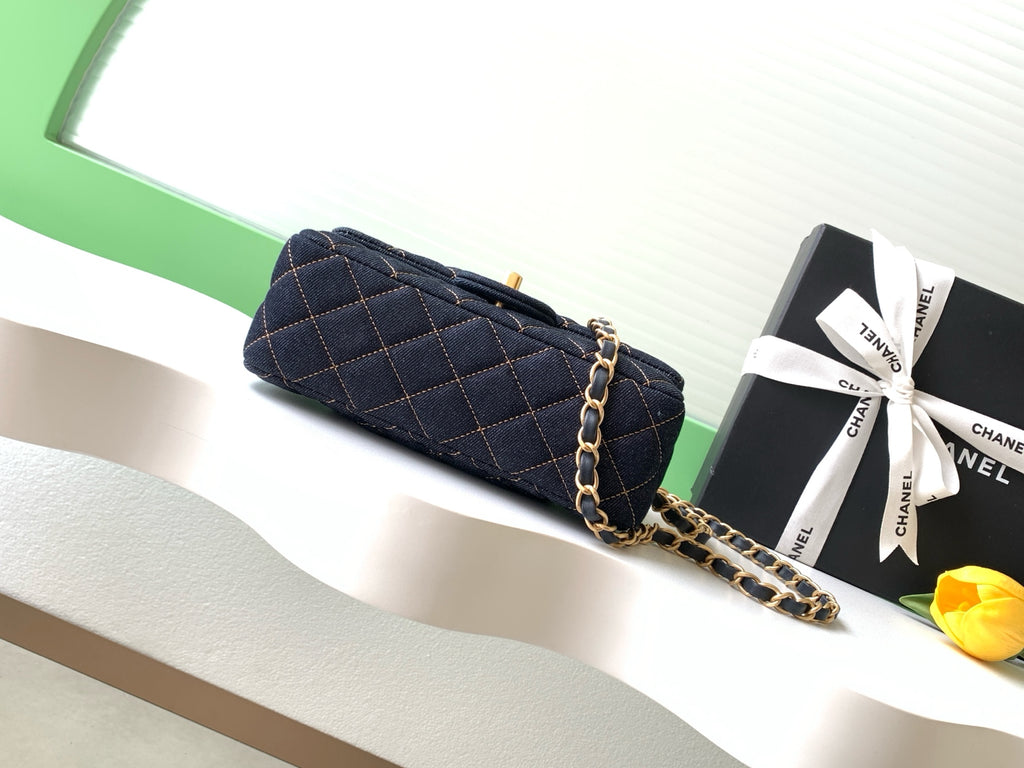 Chanel 26P Classic Flap Mini — Dark Navy Denim with Orange Stitching