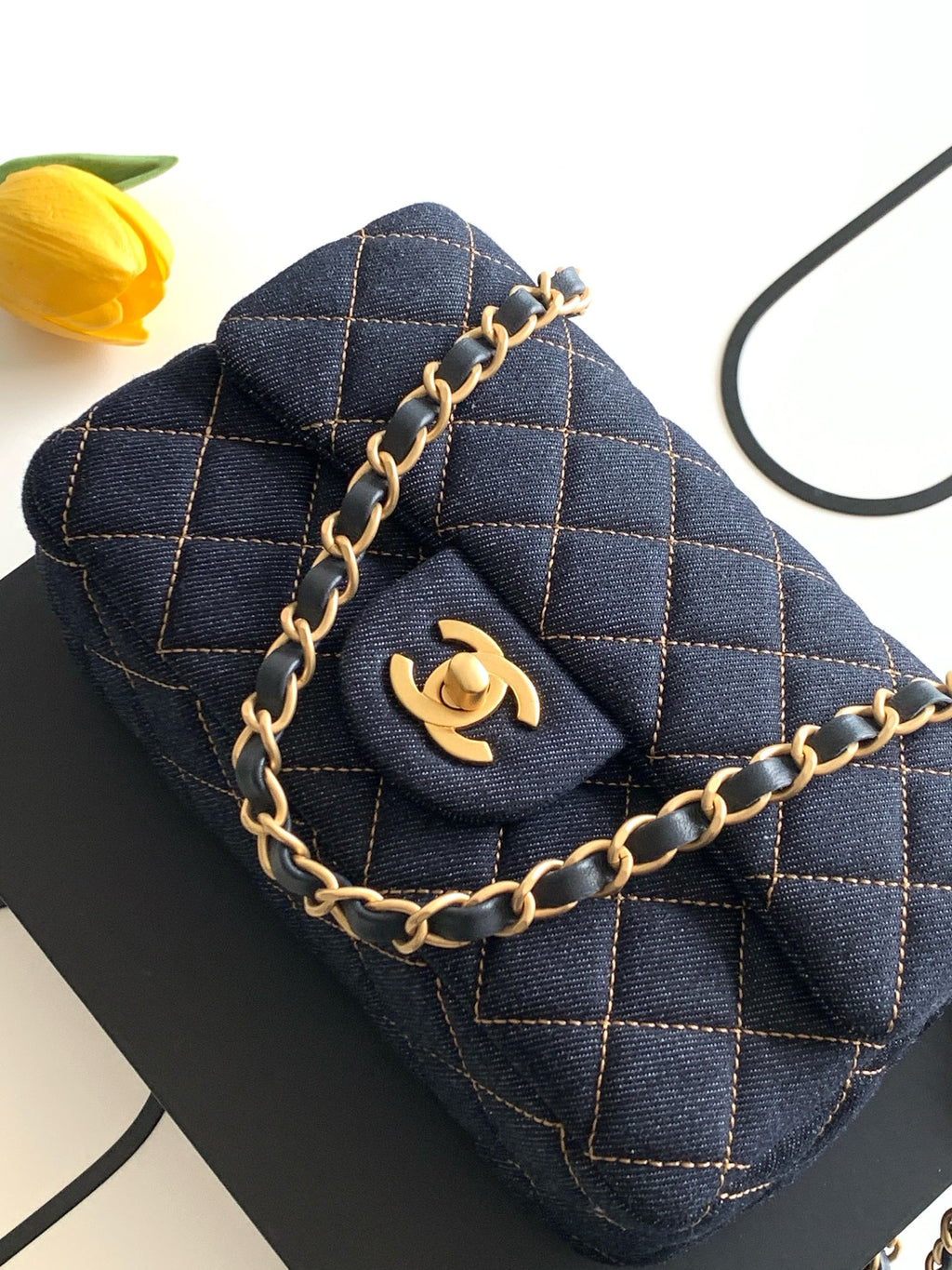 Chanel 26P Classic Flap Mini — Dark Navy Denim with Orange Stitching
