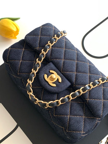 Chanel 26P Classic Flap Mini — Dark Navy Denim with Orange Stitching