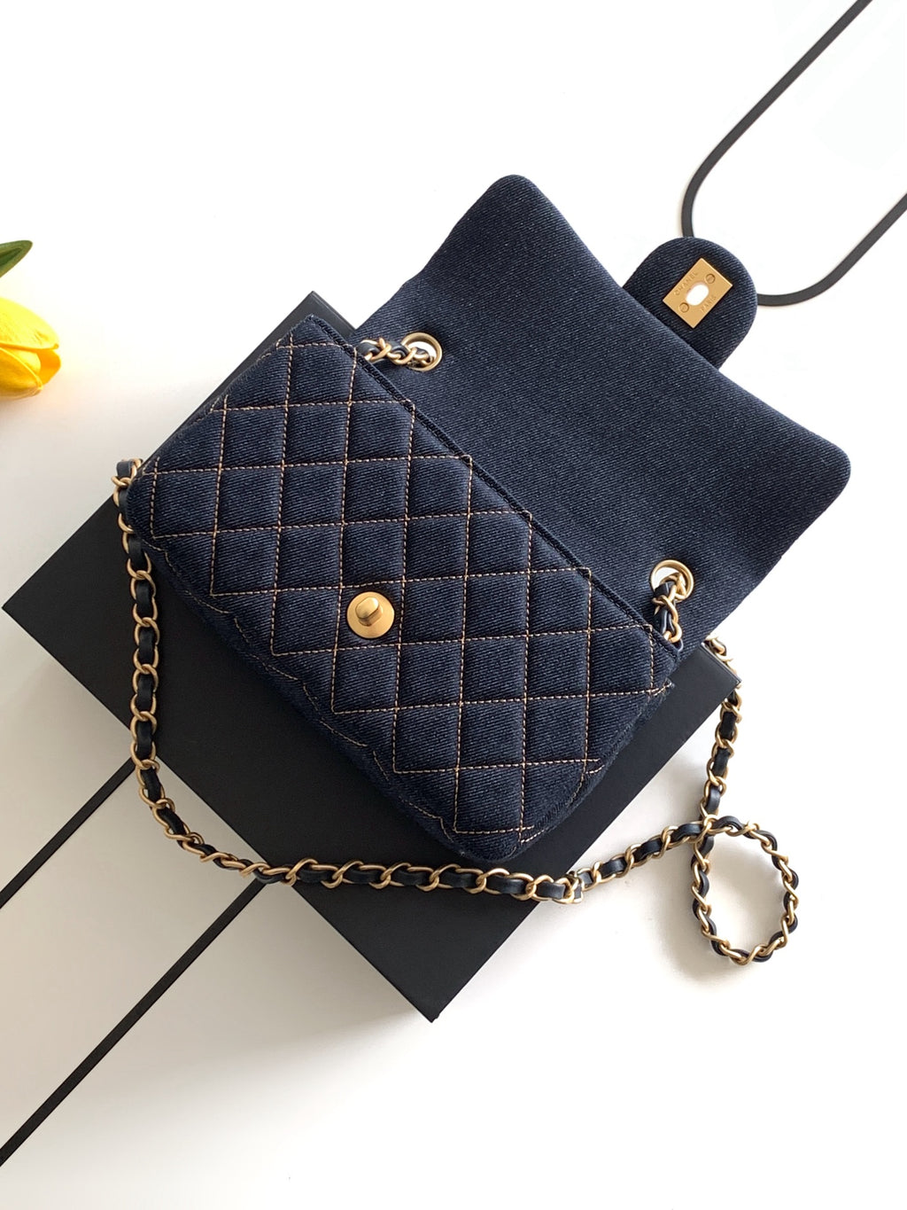 Chanel 26P Classic Flap Mini — Dark Navy Denim with Orange Stitching