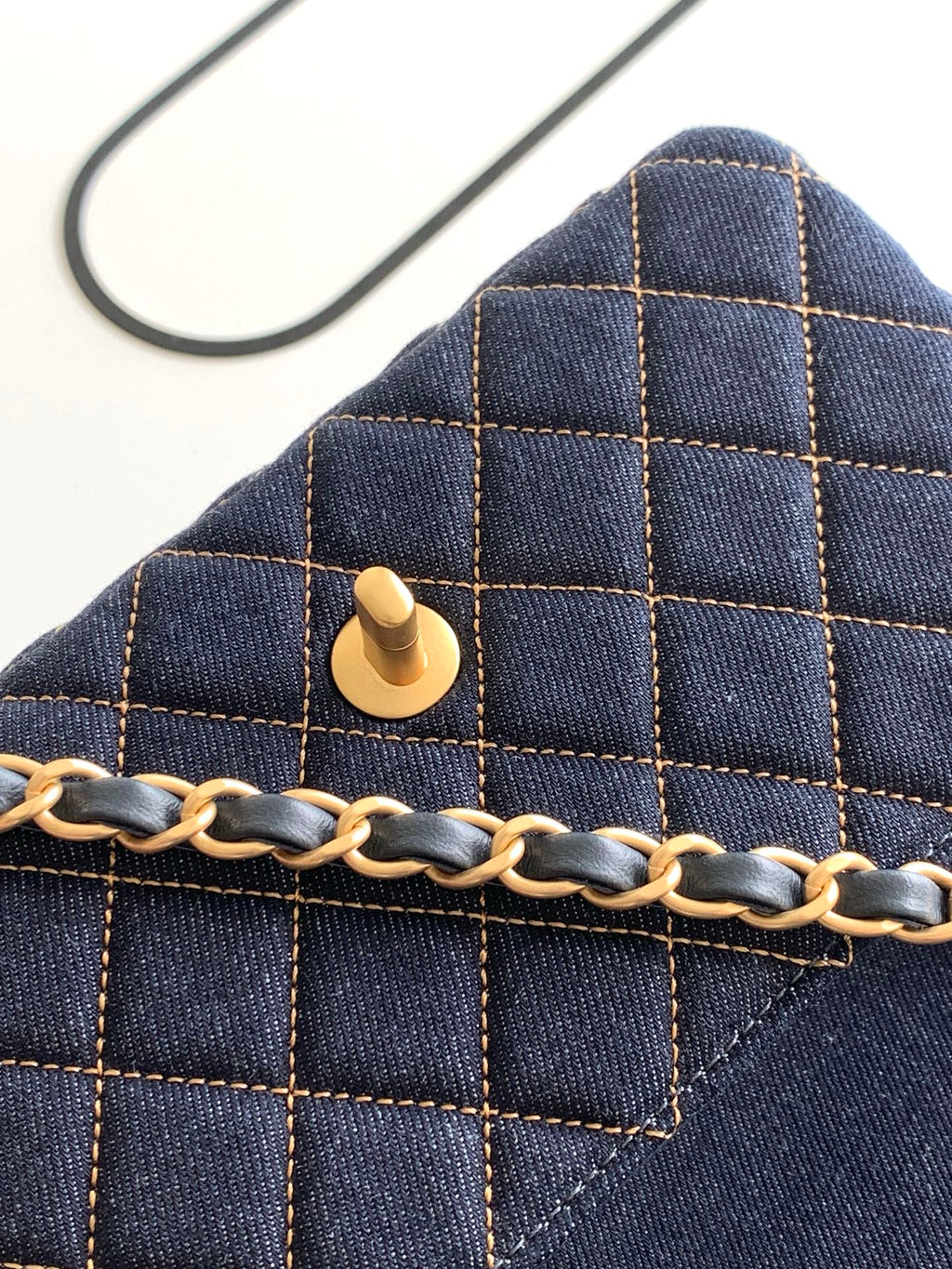 Chanel 26P Classic Flap Mini — Dark Navy Denim with Orange Stitching