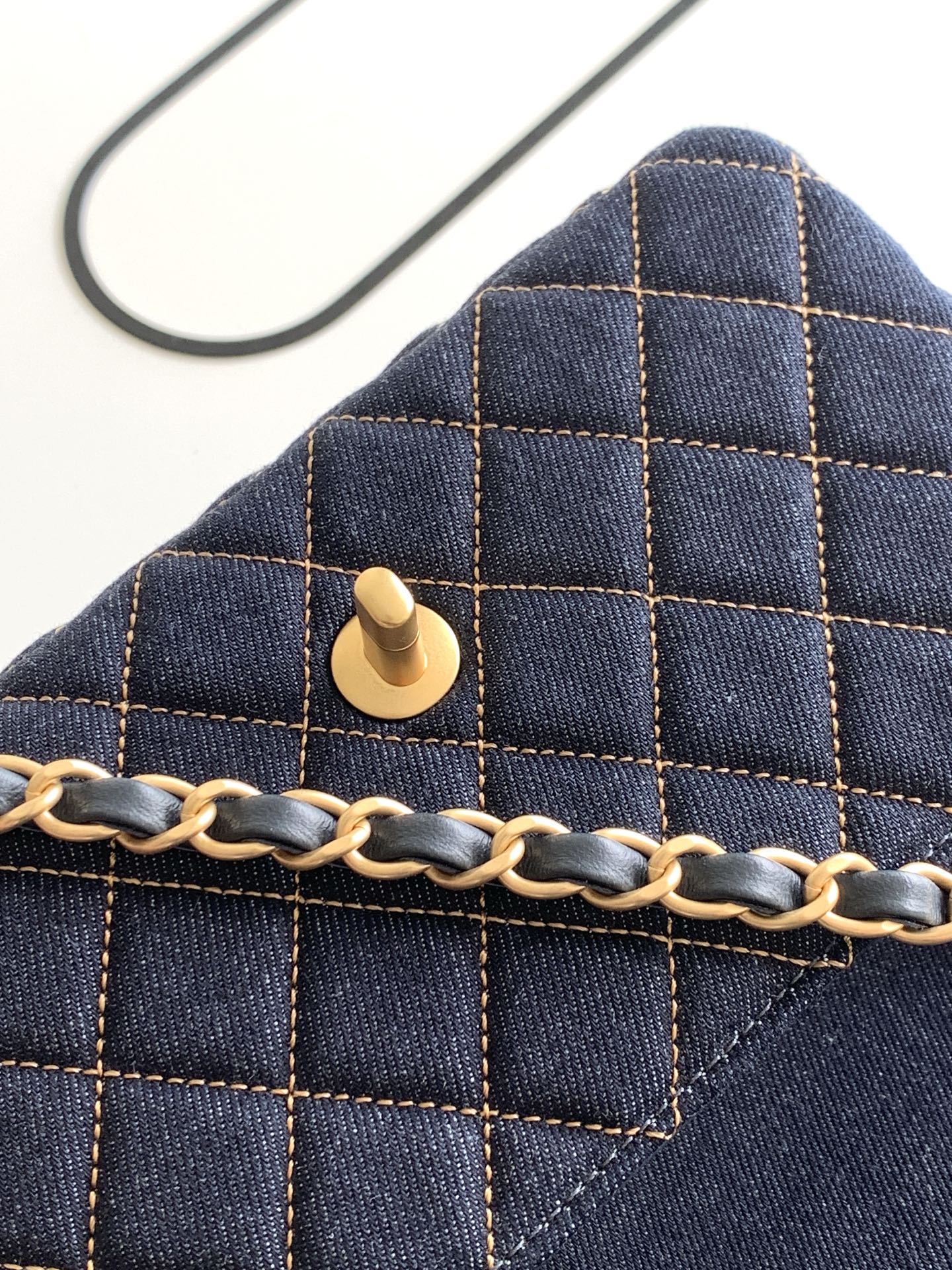 Chanel 26P Classic Flap Mini — Dark Navy Denim with Orange Stitching