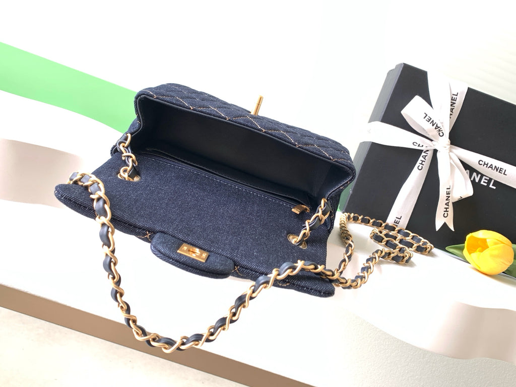Chanel 26P Classic Flap Mini — Dark Navy Denim with Orange Stitching