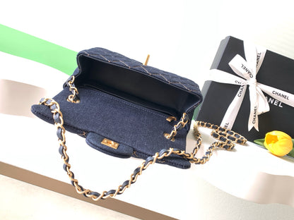 Chanel 26P Classic Flap Mini — Dark Navy Denim with Orange Stitching