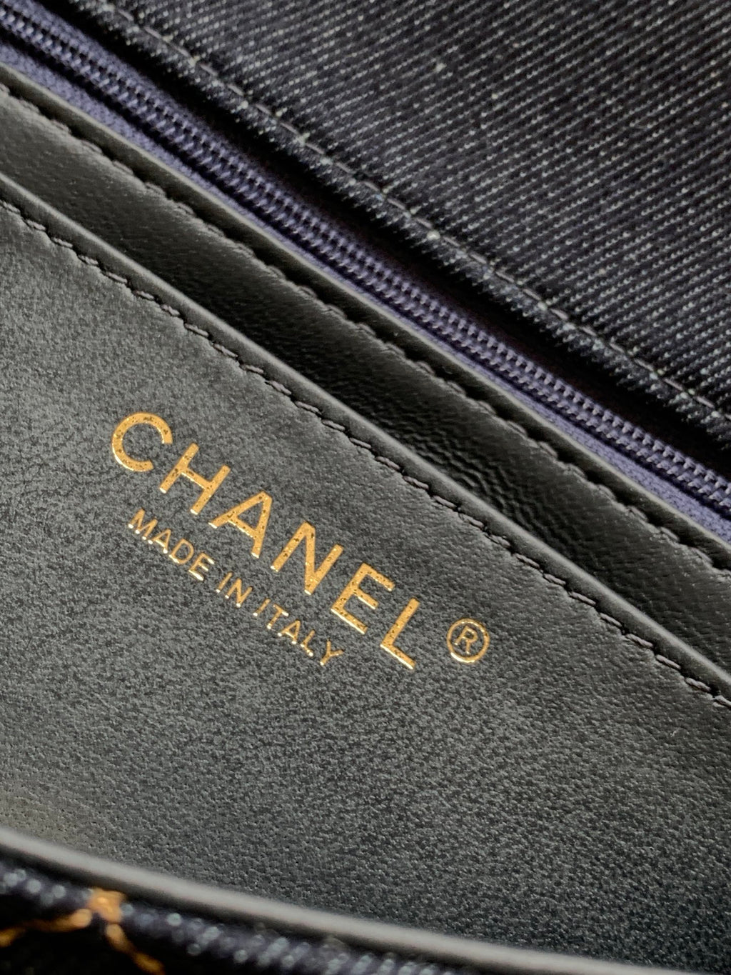 Chanel 26P Classic Flap Mini — Dark Navy Denim with Orange Stitching