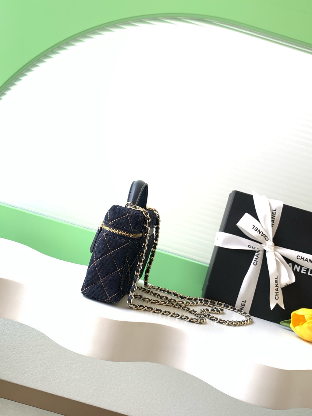 Chanel 26P Quilted Denim Vanity Case — Dark Navy with Gold Stitching