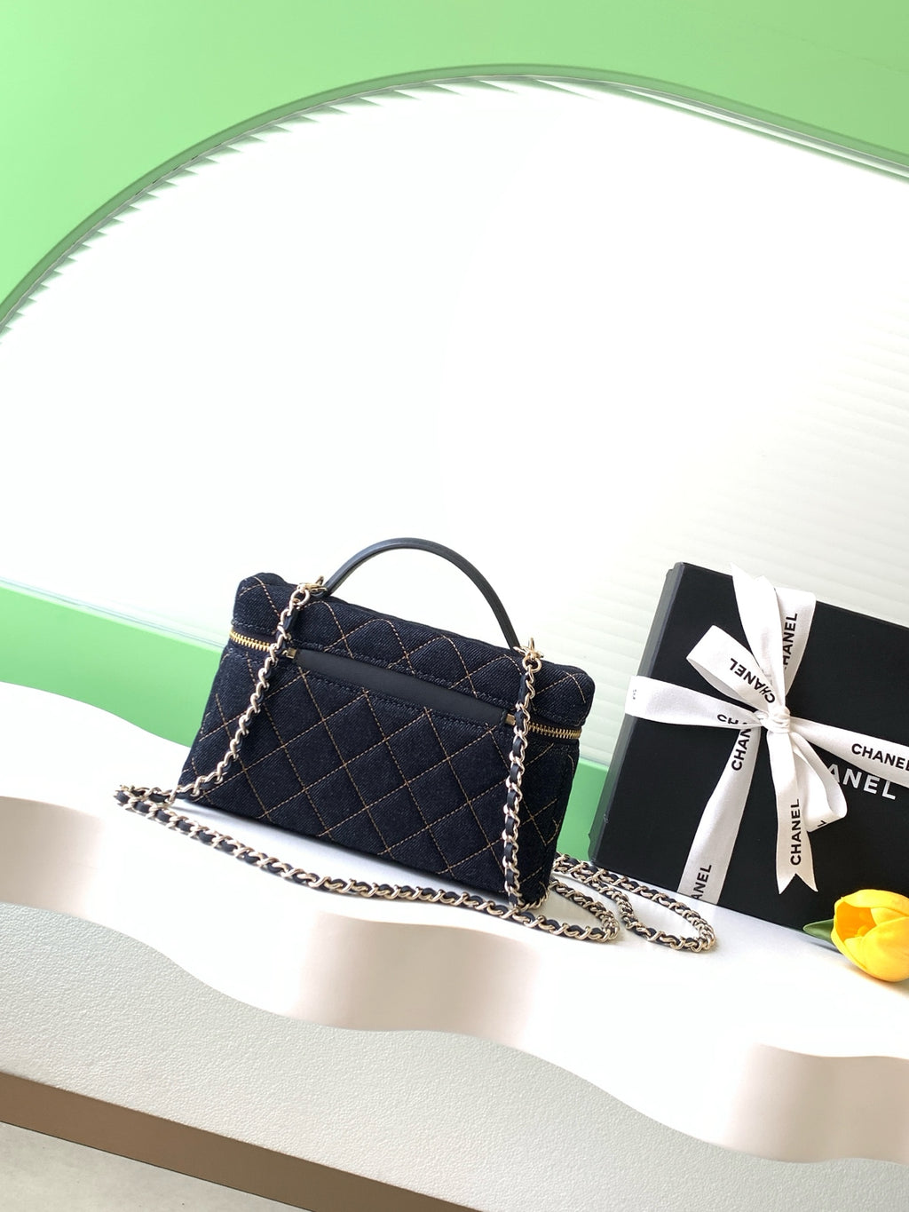 Chanel 26P Quilted Denim Vanity Case — Dark Navy with Gold Stitching