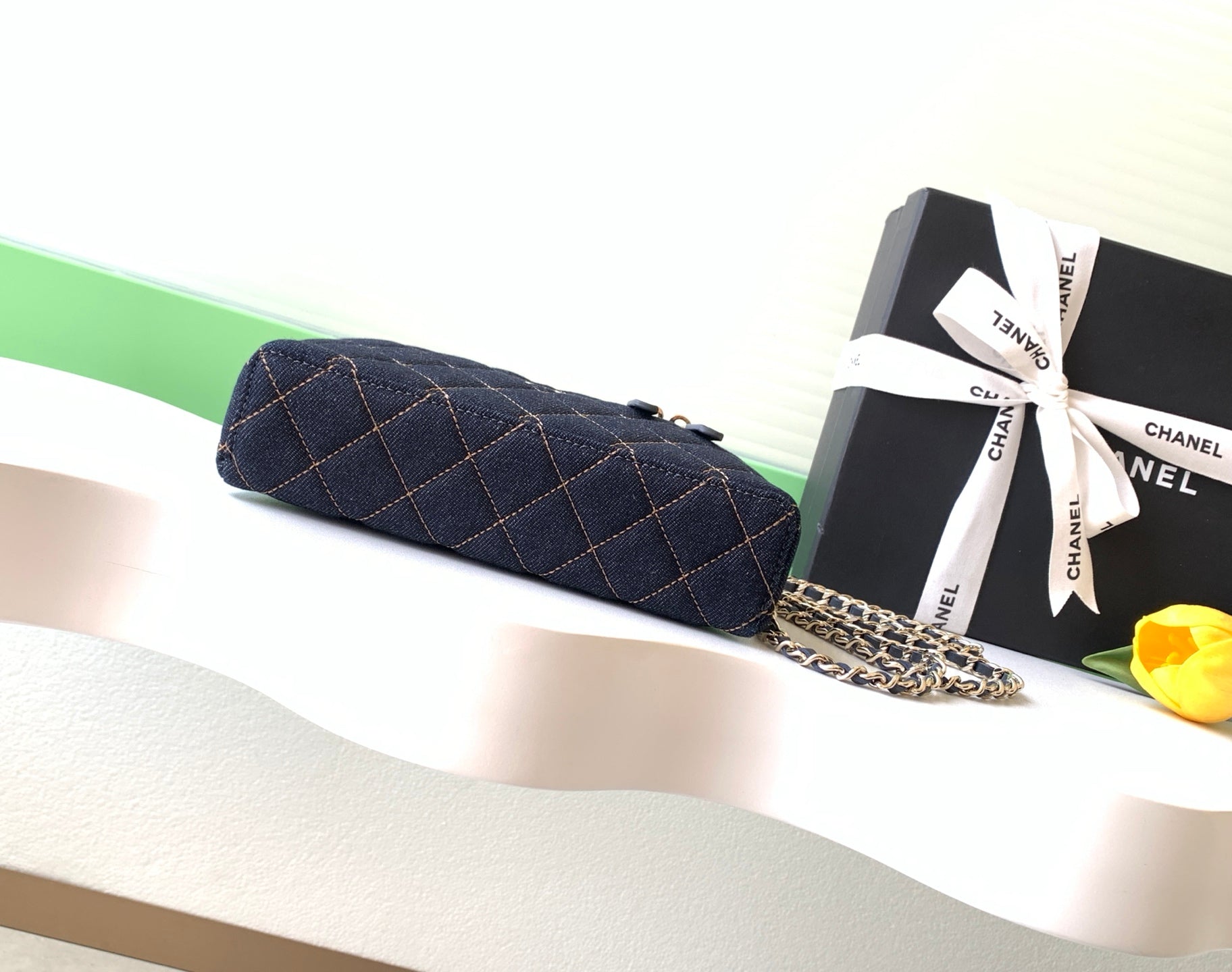 Chanel 26P Quilted Denim Vanity Case — Dark Navy with Gold Stitching