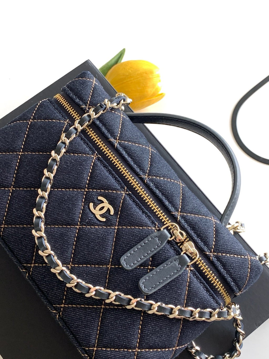 Chanel 26P Quilted Denim Vanity Case — Dark Navy with Gold Stitching