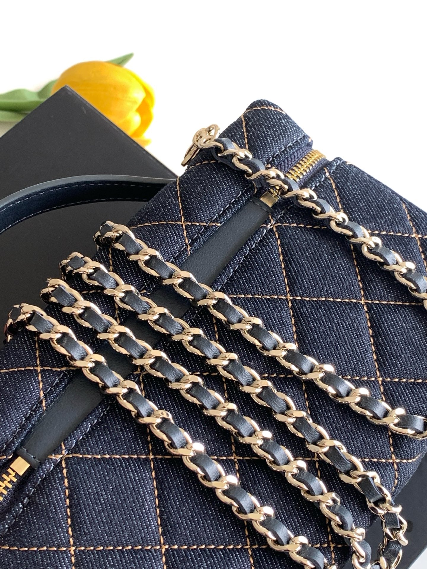 Chanel 26P Quilted Denim Vanity Case — Dark Navy with Gold Stitching