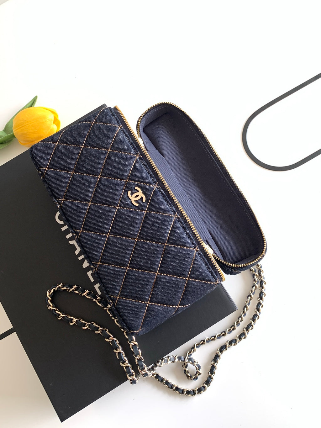 Chanel 26P Quilted Denim Vanity Case — Dark Navy with Gold Stitching