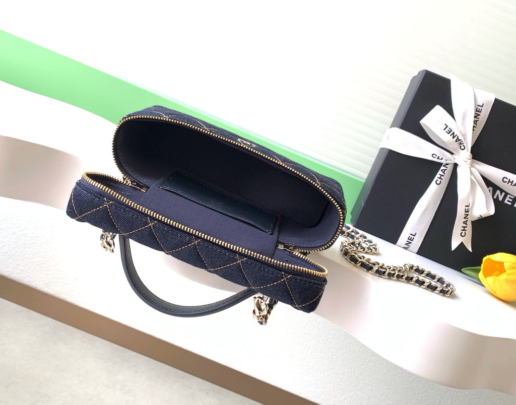 Chanel 26P Quilted Denim Vanity Case — Dark Navy with Gold Stitching