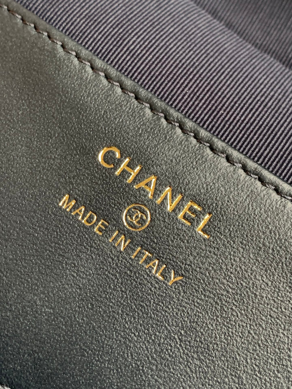 Chanel 26P Quilted Denim Vanity Case — Dark Navy with Gold Stitching