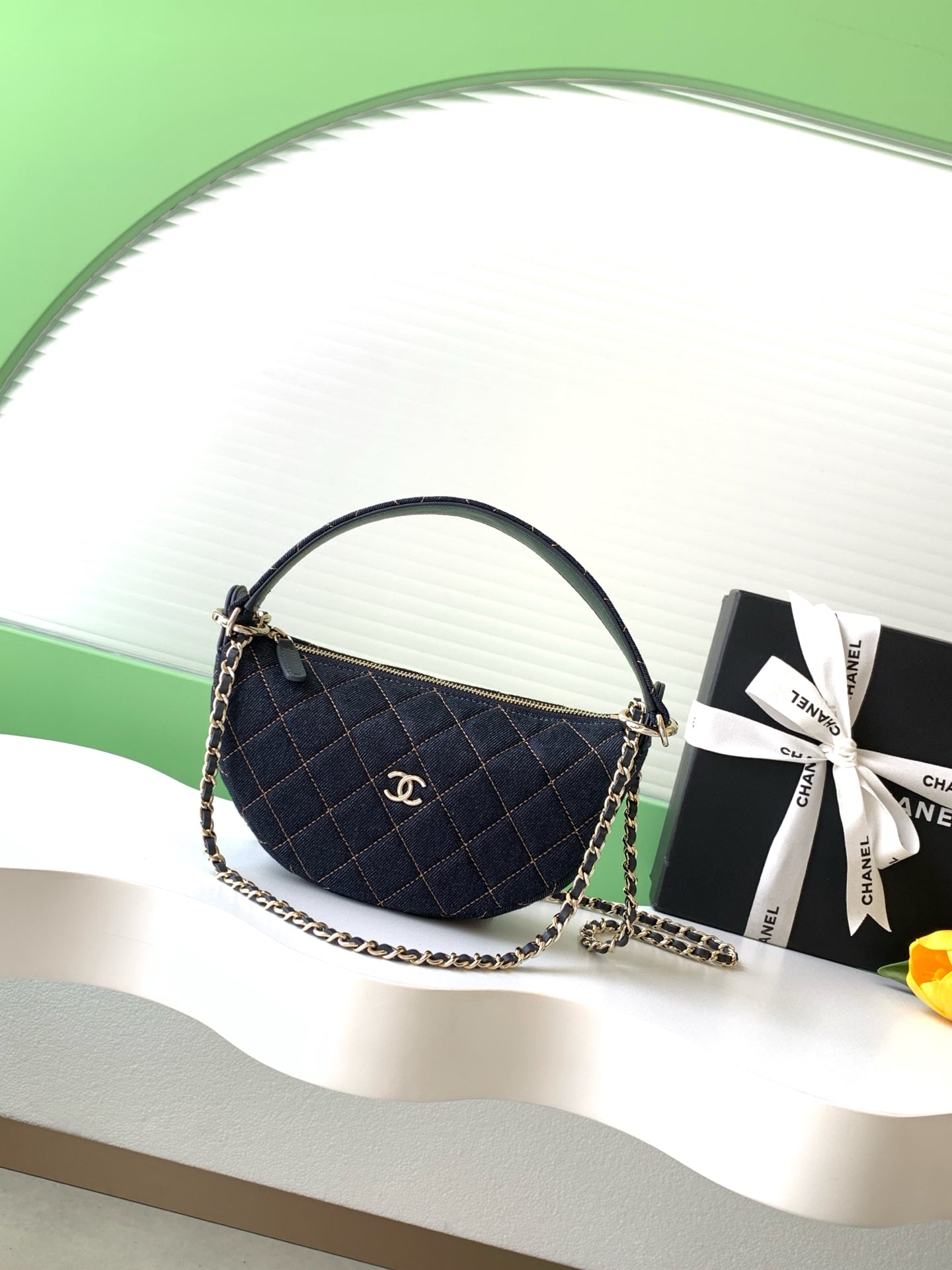 Chanel 26P Quilted Denim Hobo Chain Bag — Dark Navy with Gold Hardware