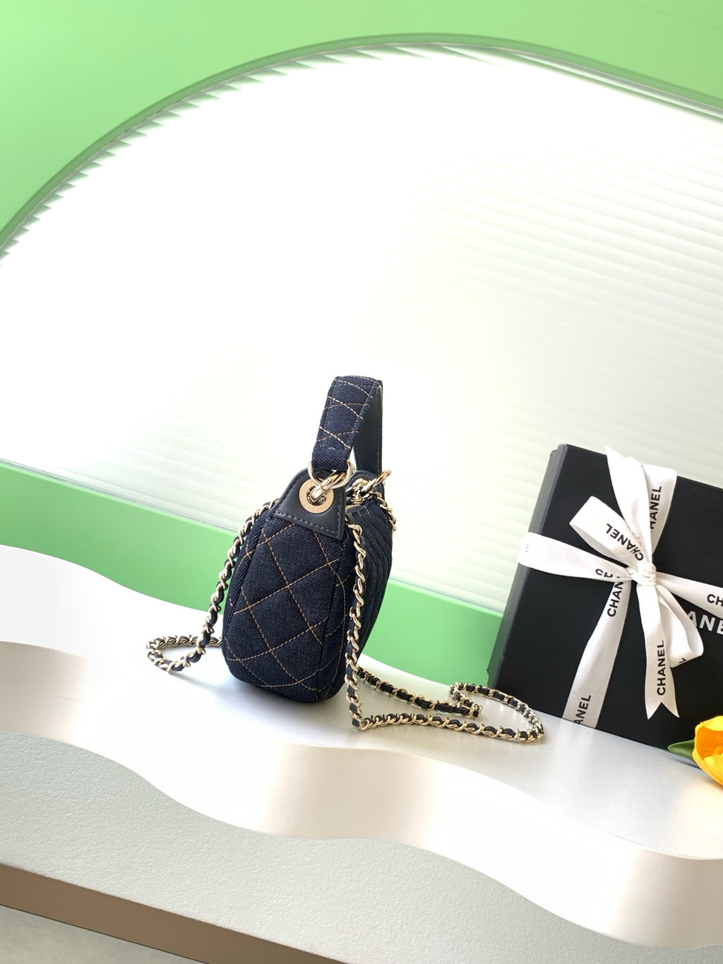 Chanel 26P Quilted Denim Hobo Chain Bag — Dark Navy with Gold Hardware