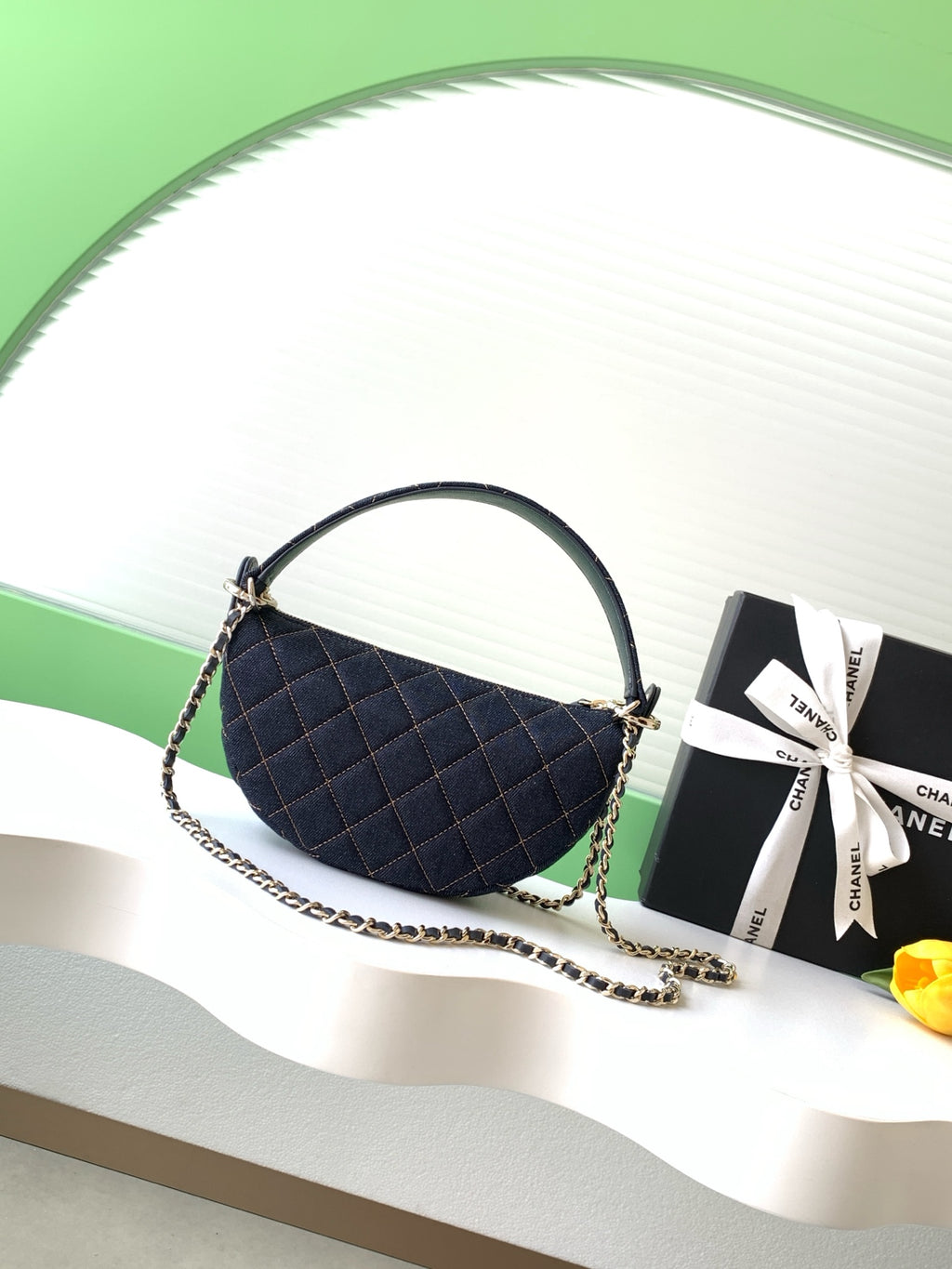Chanel 26P Quilted Denim Hobo Chain Bag — Dark Navy with Gold Hardware