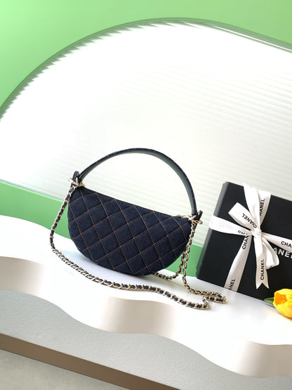Chanel 26P Quilted Denim Hobo Chain Bag — Dark Navy with Gold Hardware