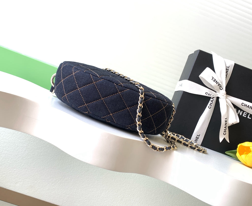 Chanel 26P Quilted Denim Hobo Chain Bag — Dark Navy with Gold Hardware