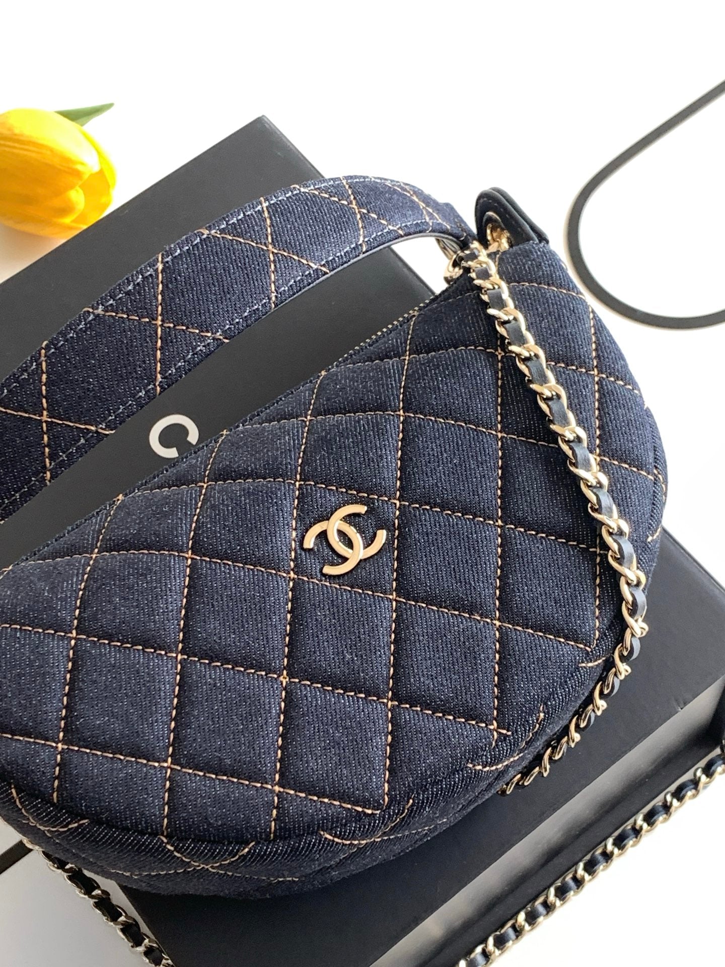 Chanel 26P Quilted Denim Hobo Chain Bag — Dark Navy with Gold Hardware
