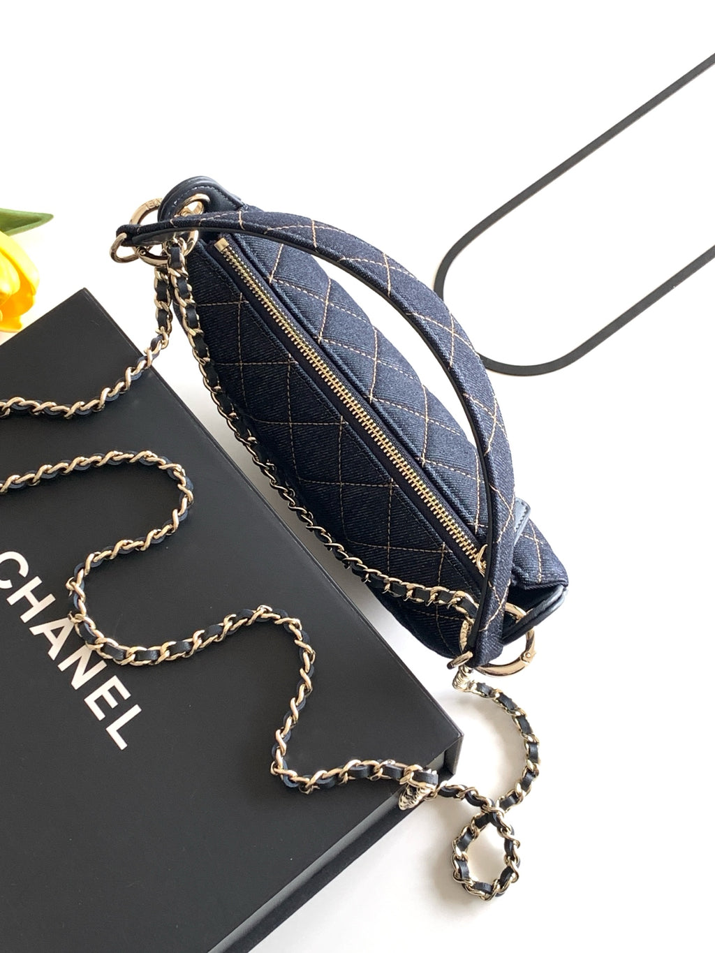 Chanel 26P Quilted Denim Hobo Chain Bag — Dark Navy with Gold Hardware