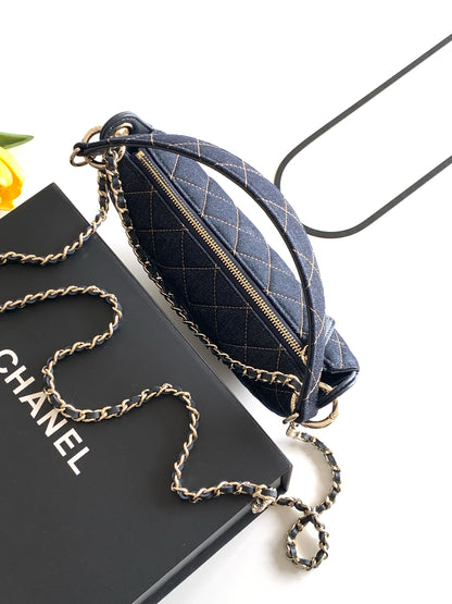 Chanel 26P Quilted Denim Hobo Chain Bag — Dark Navy with Gold Hardware