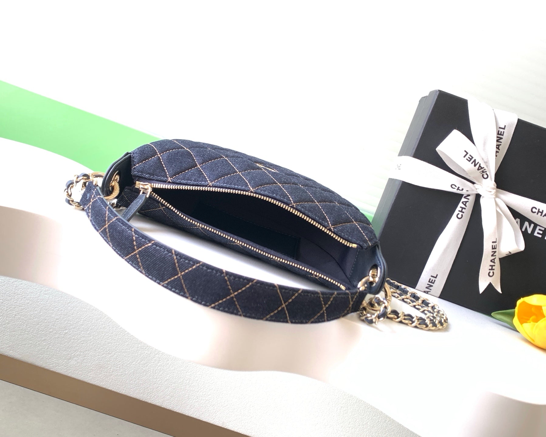 Chanel 26P Quilted Denim Hobo Chain Bag — Dark Navy with Gold Hardware