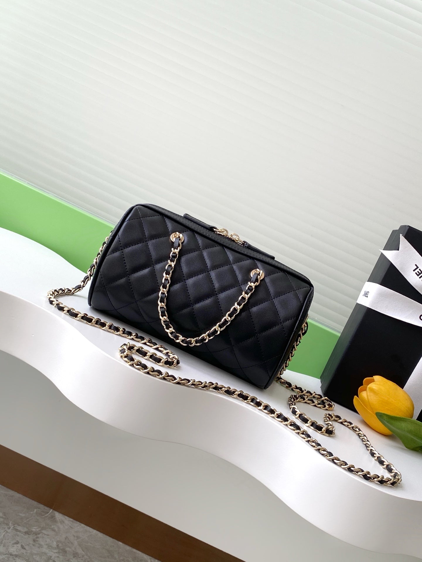 Chanel 25P Quilted Lambskin Bowling Bag — Black with Silver Hardware
